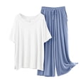 thumbnail image 1 of Womens Modal Pajamas Two Piece Sleepwear Set Short Sleeve Tops Long Wide Leg Pants Fall Summer Pjs Pajamas Light Blue, L, 1 of 3