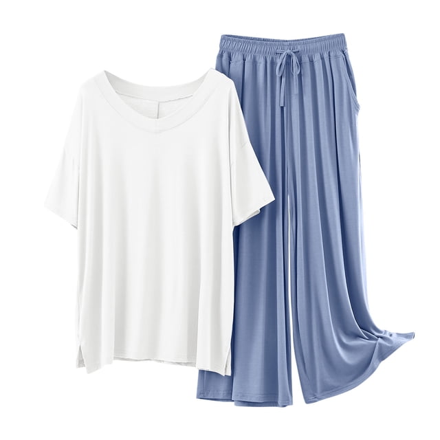 Womens Modal Pajamas Two Piece Sleepwear Set Short Sleeve Tops Long Wide Leg Pants Fall Summer Pjs Pajamas Light Blue, L
