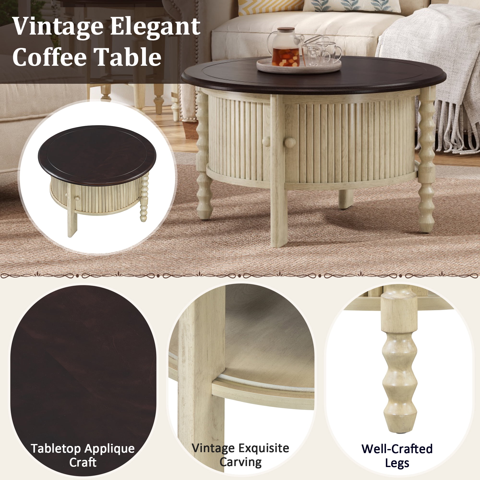 Vintage Round Coffee Table with Sliding Door, Antique Accent Table for Small Space Bedroom Living Room
