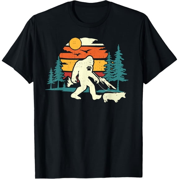 Retro Bigfoot Walking Welsh Corgi Dog Walker Sasquatch T-Shirt men and women can wear, black, white, gifts