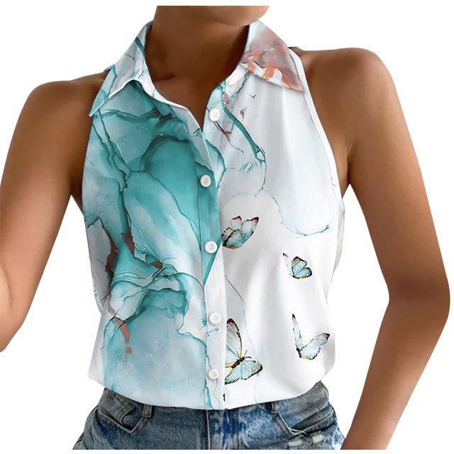 Hauts à Manches de Chemise pour Femmes Hauts Décontractés à Imprimé pour Femmes Bouton Haut Sans Manches Chemise Col Rabattu Veste Hauts à Manches 1/2 pour Femmes