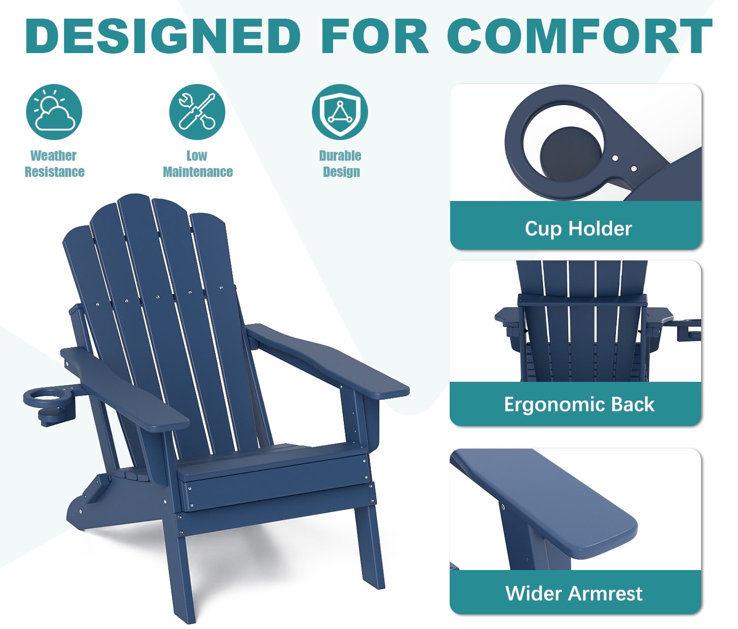 FOOWIN Adjustable Backrest Folding Adirondack Chair with Cup Holder, HDPE Weather Resistant Fire Pit Chair, Navy Blue