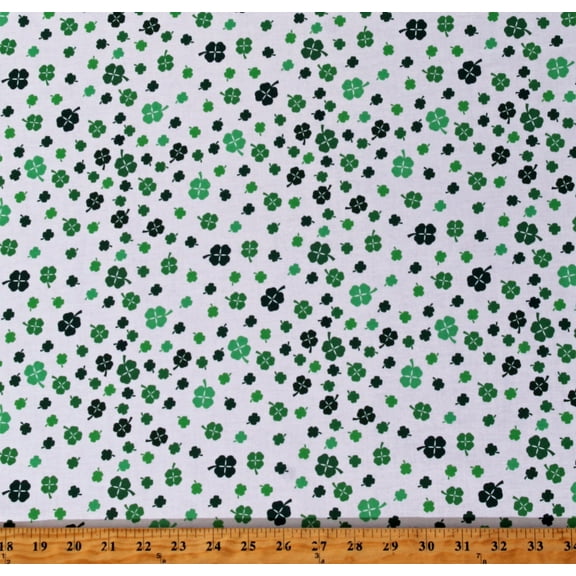 Cotton St. Patrick's Day Shamrocks Four-Leaf Clovers Lucky Charms Green on White Cotton Fabric Print by the Yard (120958)