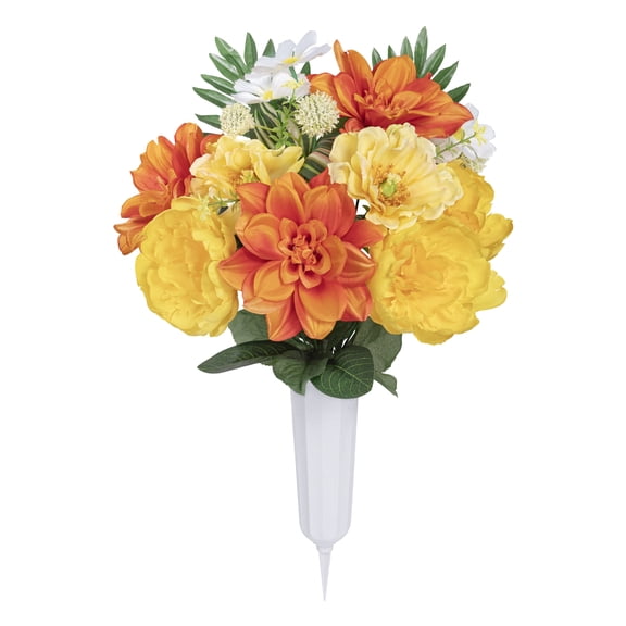 20.5-inch Artificial Silk Yellow & Orange Peony & Dahlia Mixed Cemetery Large Round Vase, for Indoor/Outdoor Use, by Mainstays
