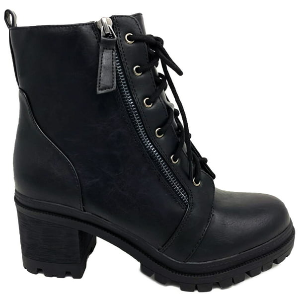 SNJ - Women's Chunky Block Mid Heel Combat Lace Up Ankle Bootie ...