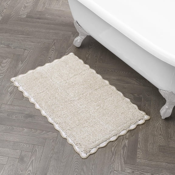 Heathered Crochet Border 100% Cotton 20"x32" Skid-Resistant Bath Rug, Taupe Sandshell