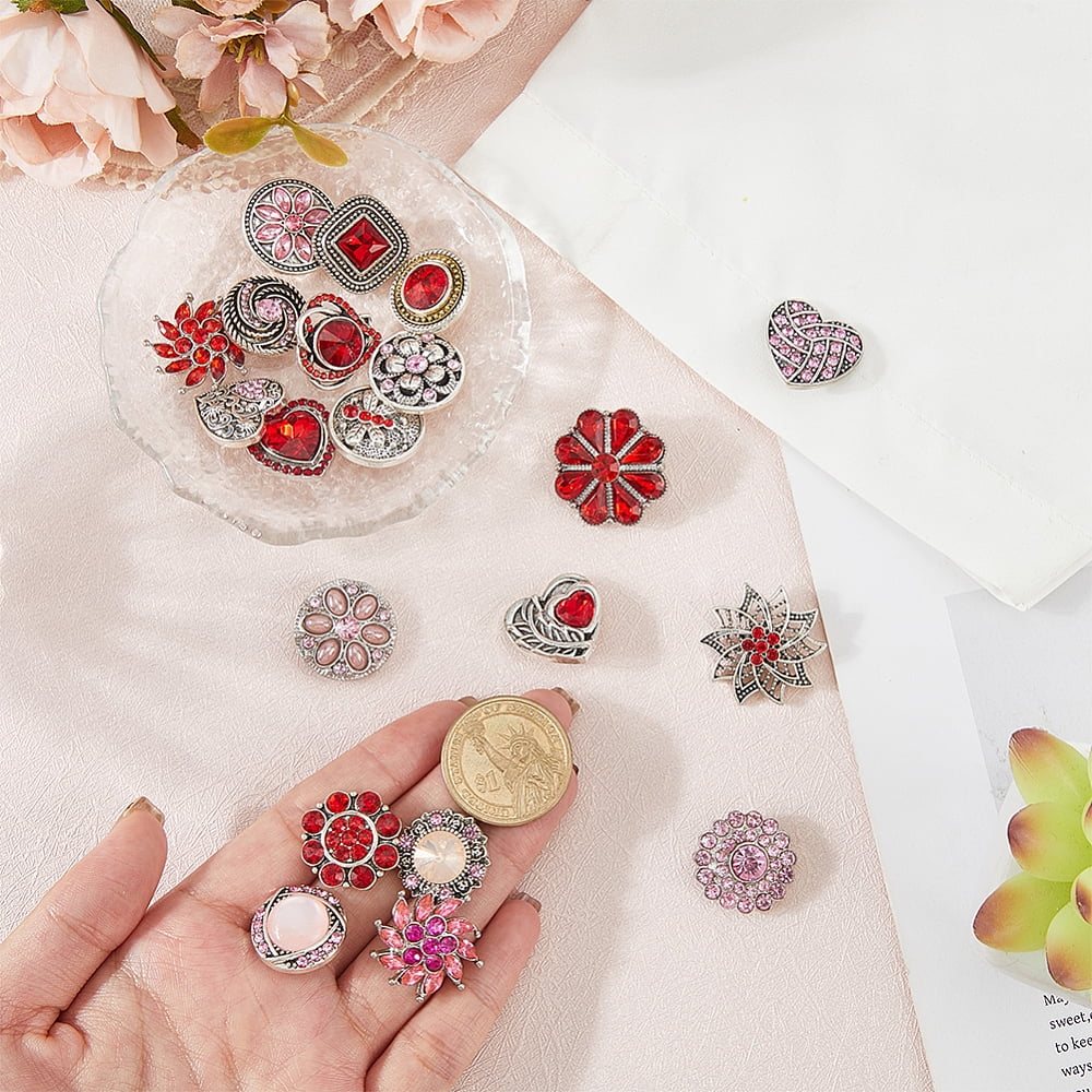 24Pcs 2 Colors Alloy Rhinestone Snap Buttons Heart Platinum Mixed Color 18~27x18~27x7~12mm 12pcs/color