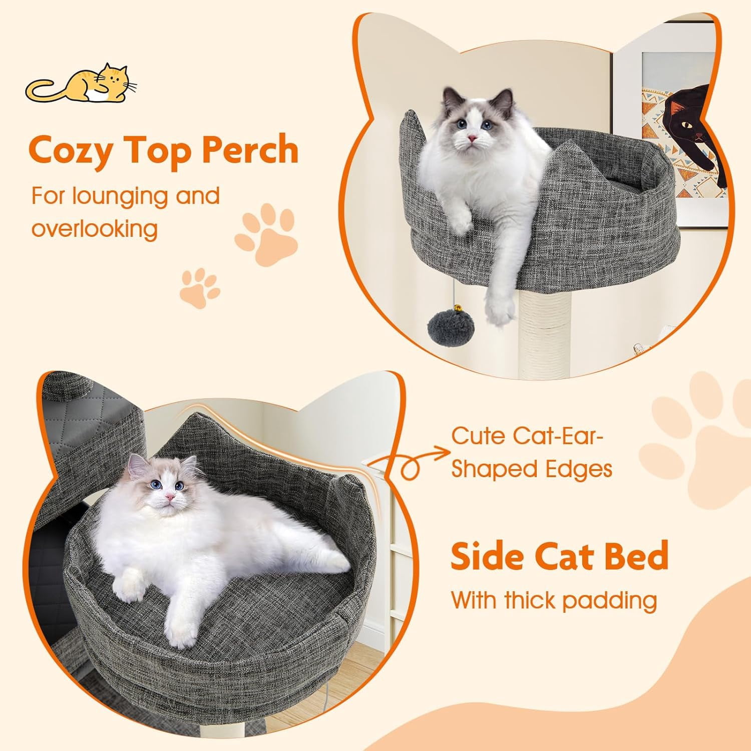 LEHOME 71 Inch Tall Cat Tree, Multi-Level Large Cat Tower with Scratching Posts & Sisal Board & Ladder, 2 Removable Condos, Perch, Bed, Dangling Balls, Modern Linen Fabric Cat Tree for Indoor Cat
