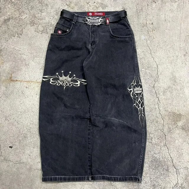 StreetwearJeansY2K Harajuku Hip Hop dibujos animados bordado negro pantalones vaqueros sueltos pantalones anchos para hombres