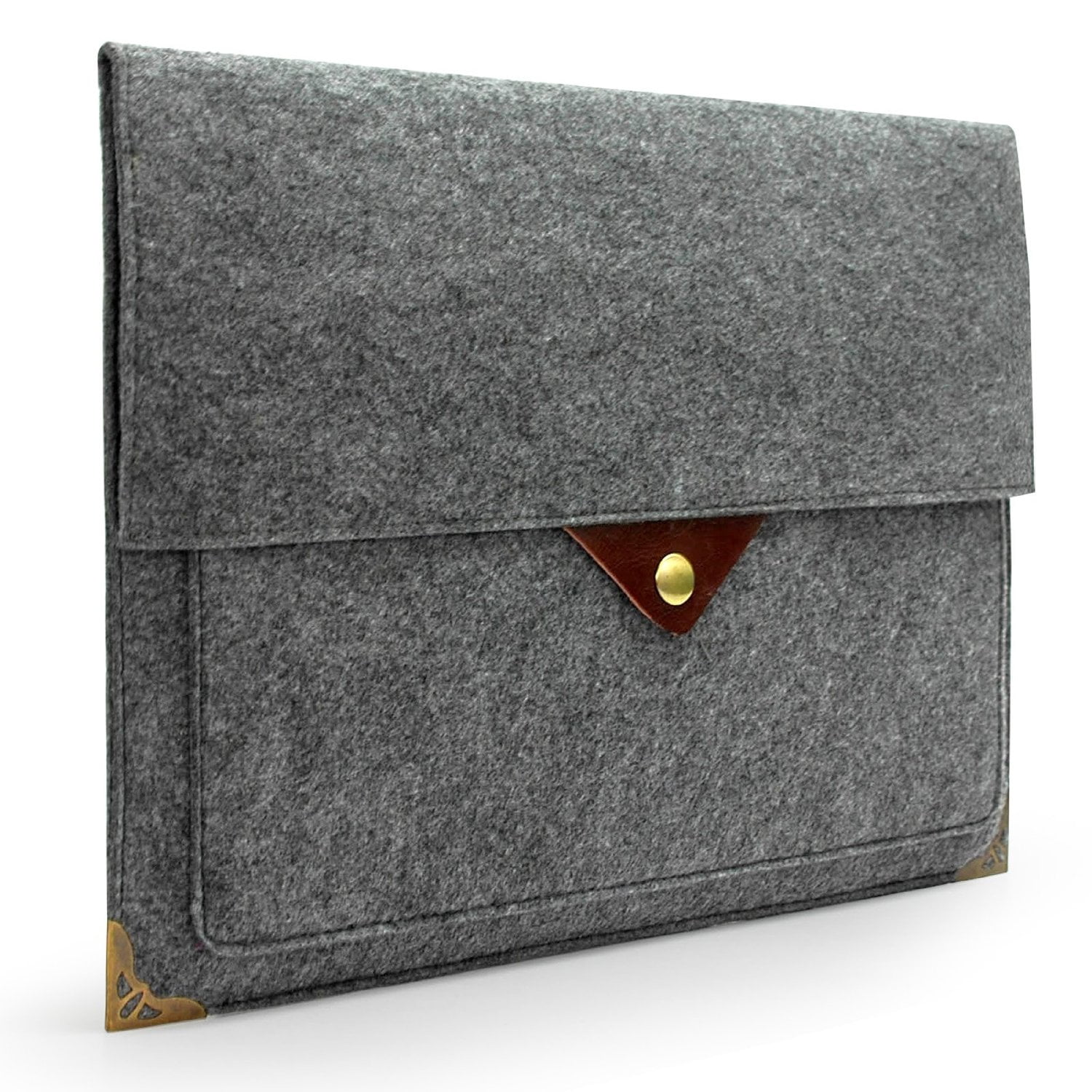 Lavievert Gray Felt Computer Bag, Laptop Case, Sleeve with Authentic Triangle Leather Flap and Copper Metal Corner for 13-13.3 Inch Laptops