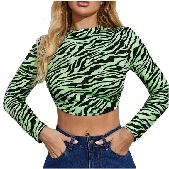Honeeladyy Clearance under 10$ Zebra Tank Top Womens Crop Tops High Neck Long Sleeve Slim Fit Blouse Match Jeans Classic Backless Bandage T Shirt