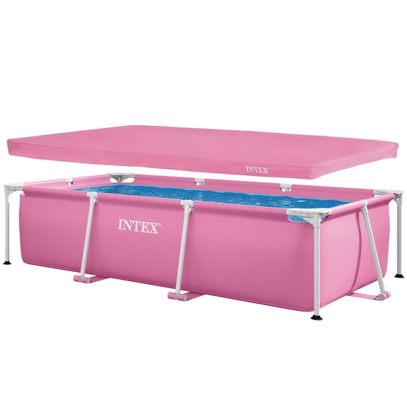 Intex 8.5' x 5.4' x 26" Metal Frame Above Ground Pool Bundled with Rectangular Cover, Pink