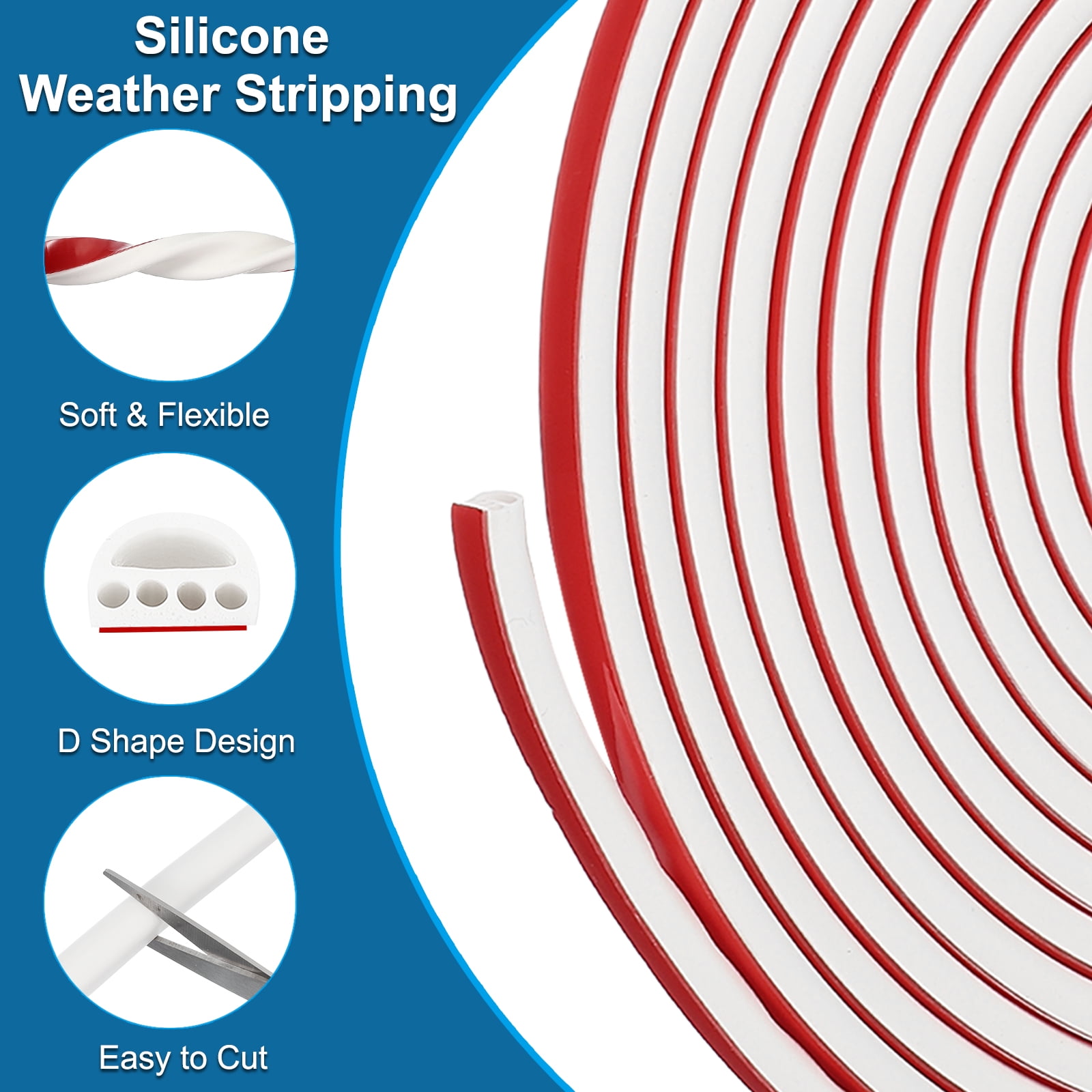 3/8 Inch x 20 ft Weather Stripping Door Seal Strip, 2 Pack Self Adhesive Silicone Seal Tape fit 3.5-5.5mm , White