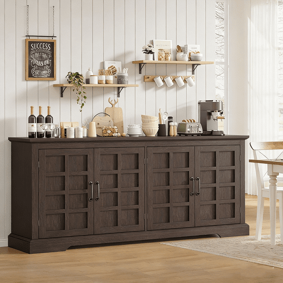 Frmobepts 70" Large Buffet Cabinet, Farmhouse Kitchen Buffet Storage Cabinet, 4-Doors Wood Sideboard Credenza with Adjustable Shelves, Dark Brown