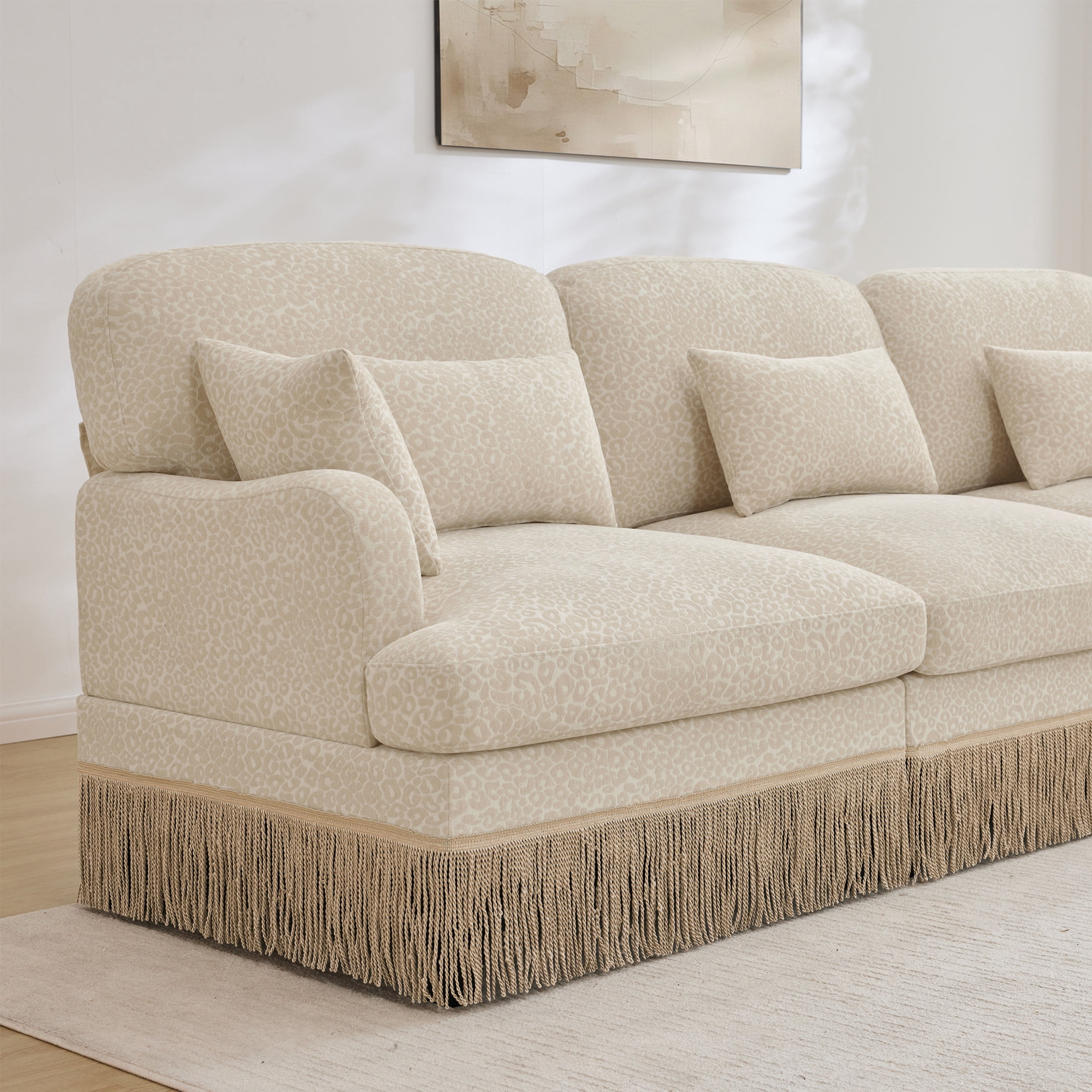 Noble House Carola Leopard Print Chenille 2-Seater Sofa, Modular Sectional Couch with Ottoman and Tassel Trim, Beige