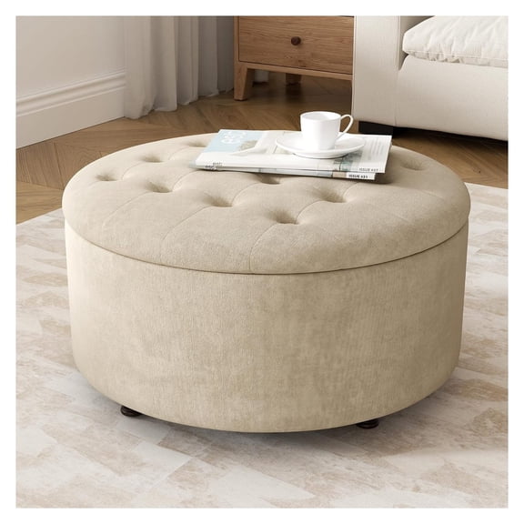 30 Inch Round Storage Ottoman,Modern Tufted Ottomans,Circular Coffee Table with Removable Top,Upholstered Large Ottoman with Storage Footrest Stool for Bedroom Living Room (Lightbrown)