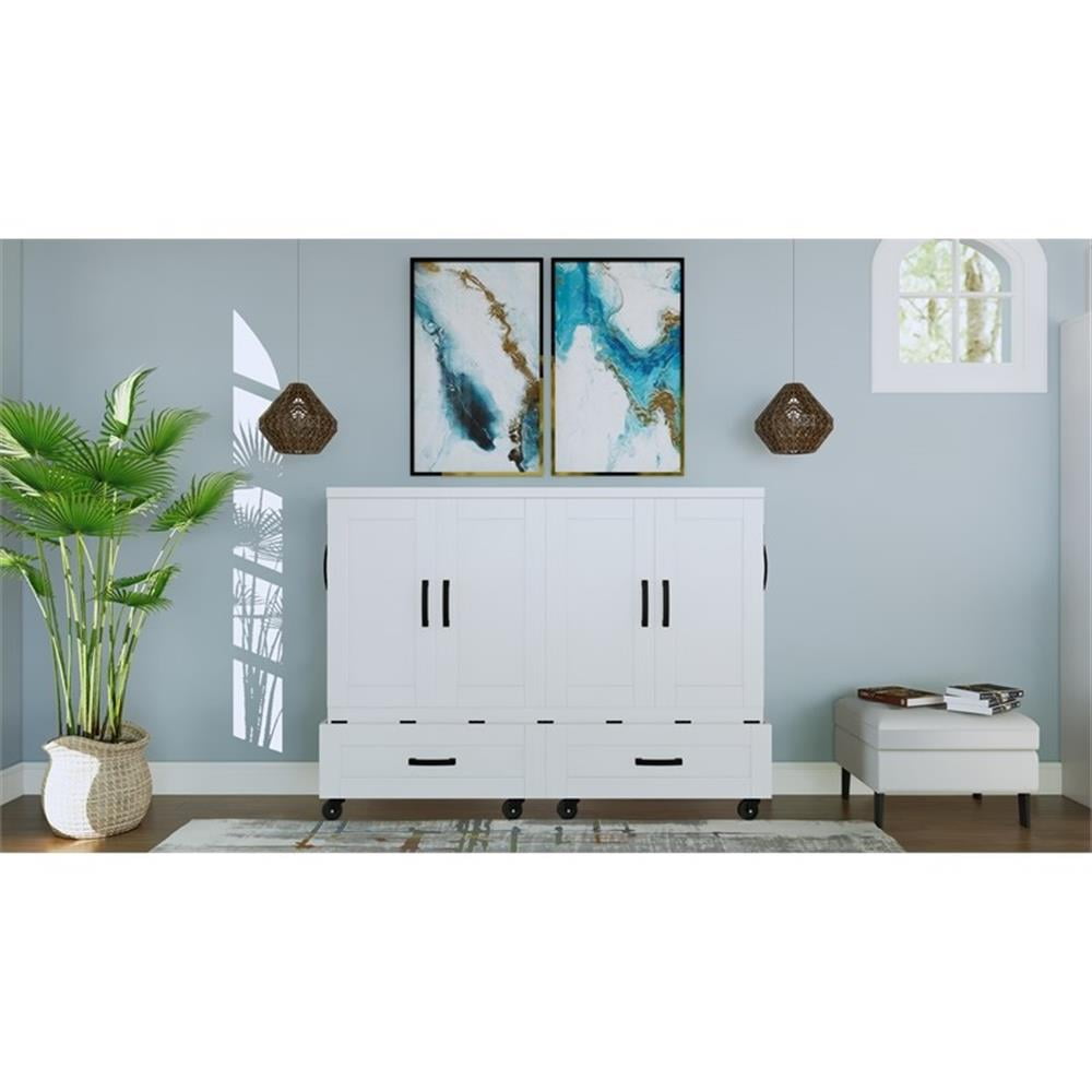 RoomAndLoft Queen Size Mobile Murphy Cabinet Bed in White Solid Wood