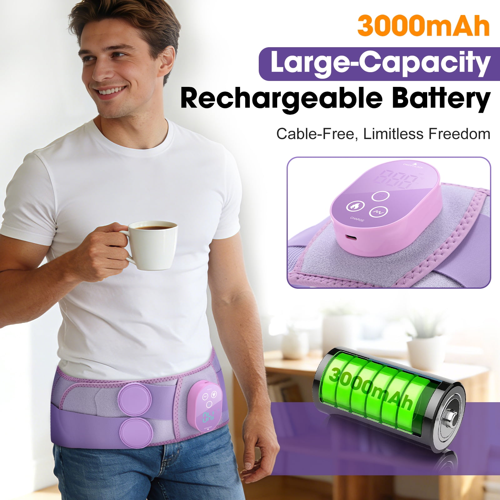 Lower Back Heating Pad for Sciatica, Cordless Hip Heating Pad, Buttock Heated Massager Wrap with 5 Heating, 3 Timing & Vibration Modes, 3000mAh Battery for Waist, Purple