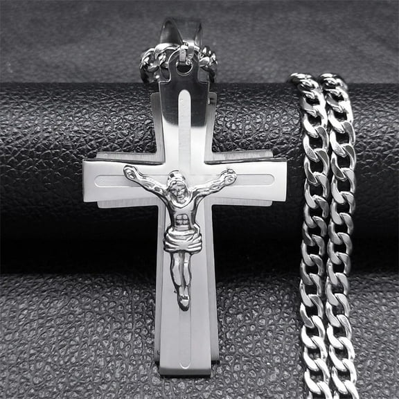 Jesus Cross Necklace Women 14K White Gold Chain for Men Silver Color Crucifix Religious Necklaces Jewelry Cruz collar