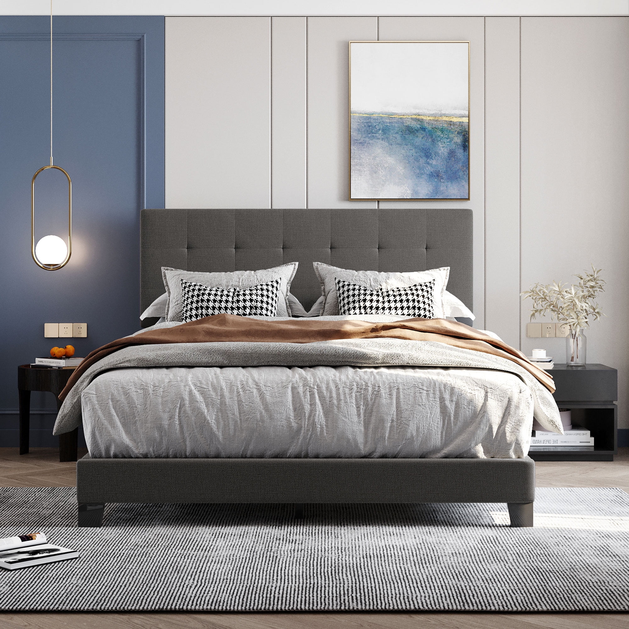 Queen Size Bed Frame Platform Bedroom Charcoal Gray Upholstered Stable Headboard 