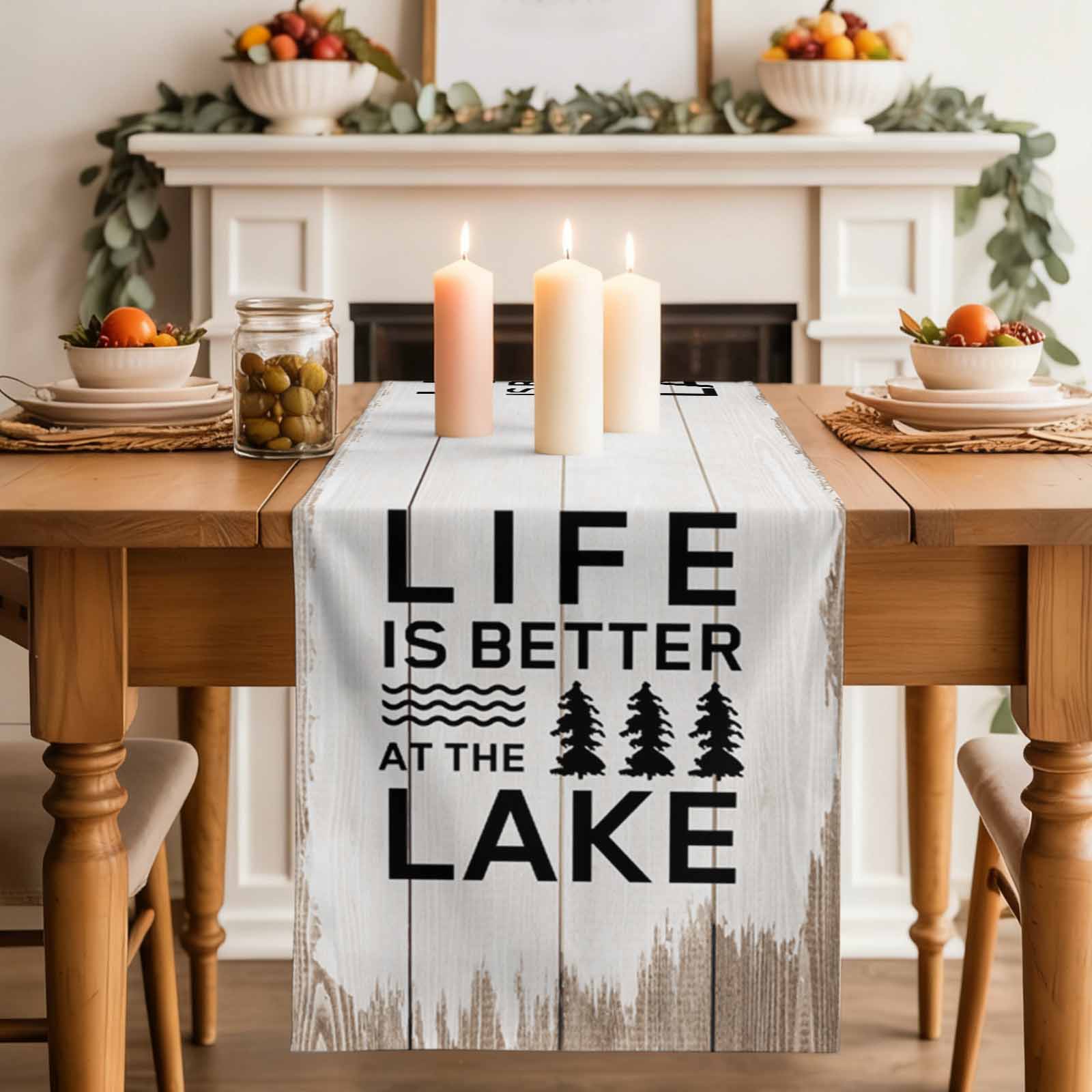 Life Is Better at The Lake Table Runner, Rustic Black Artistic Aesthetics Washable Cotton Linen Table Runners 90 Inches Long, Dresser Scarf Runner for Dining/Coffee/Kitchen/Hallway Tables 13''x90''