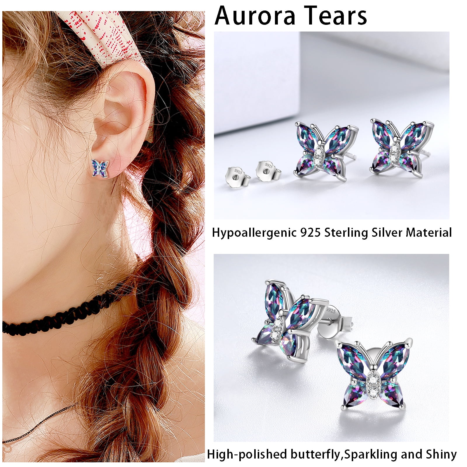 925 Sterling Silver Rainbow Mystic Topaz Butterfly Jewelry Set Fine Necklace Earrings Women Mother's Day Gift
