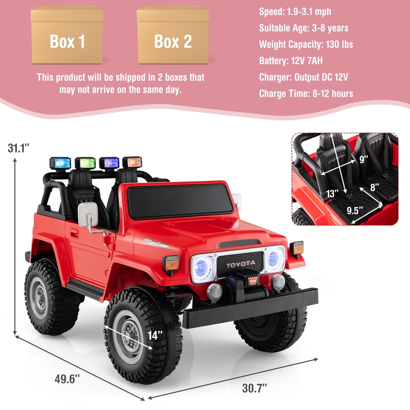 Infans 2 Seater Ride On Truck Car 12V Licensed Toyota FJ40 RC w/ Laser Light & Music
