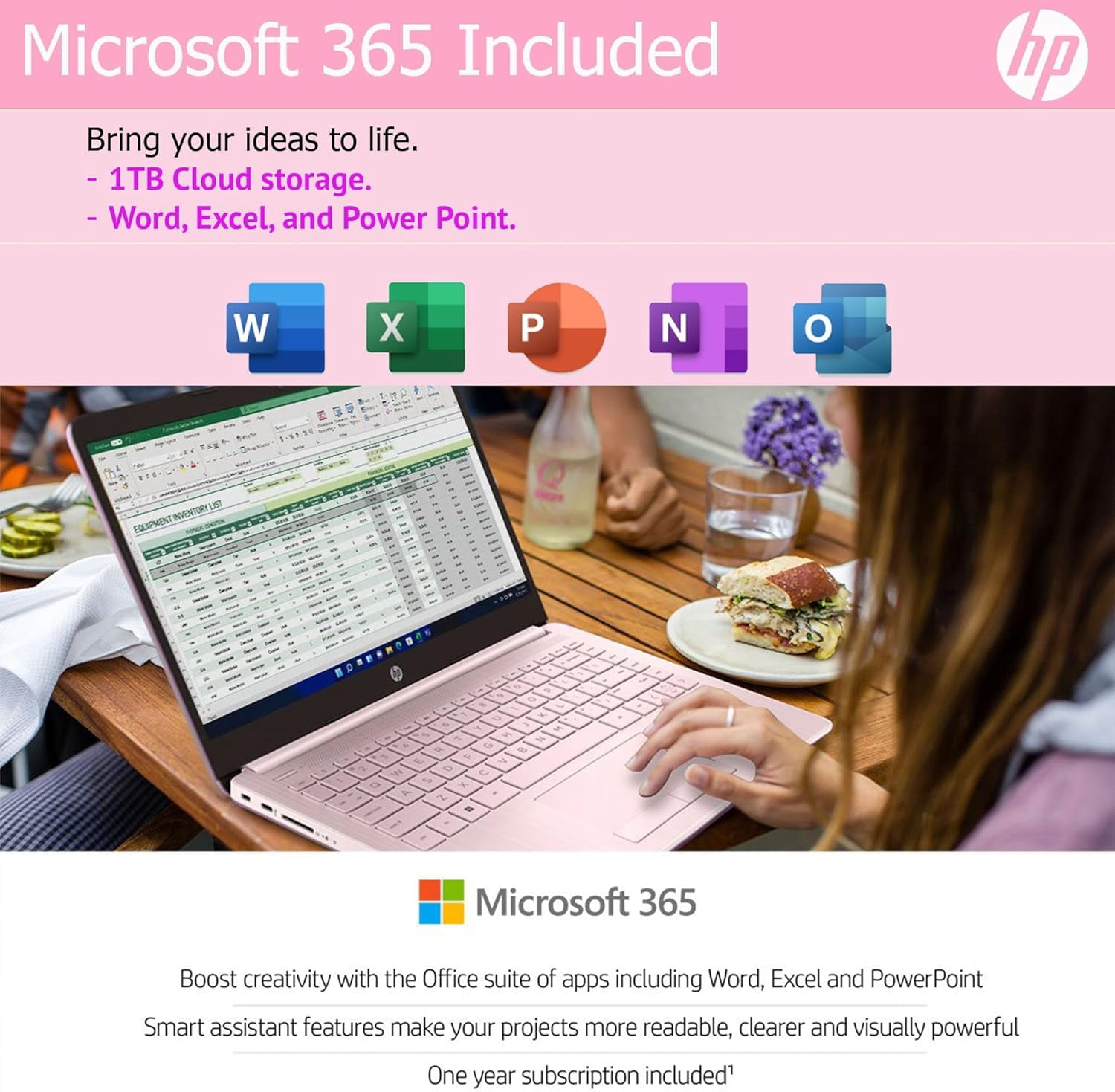 HP Ultralight 14 inch Laptop with Intel 4-Core Processor • with Microsoft 365 and Wireless Earbuds • 8GB RAM • 128GB SSD& 128GB Onboard & 1TB Cloud Storage • HD Display • Pink • Windows 11