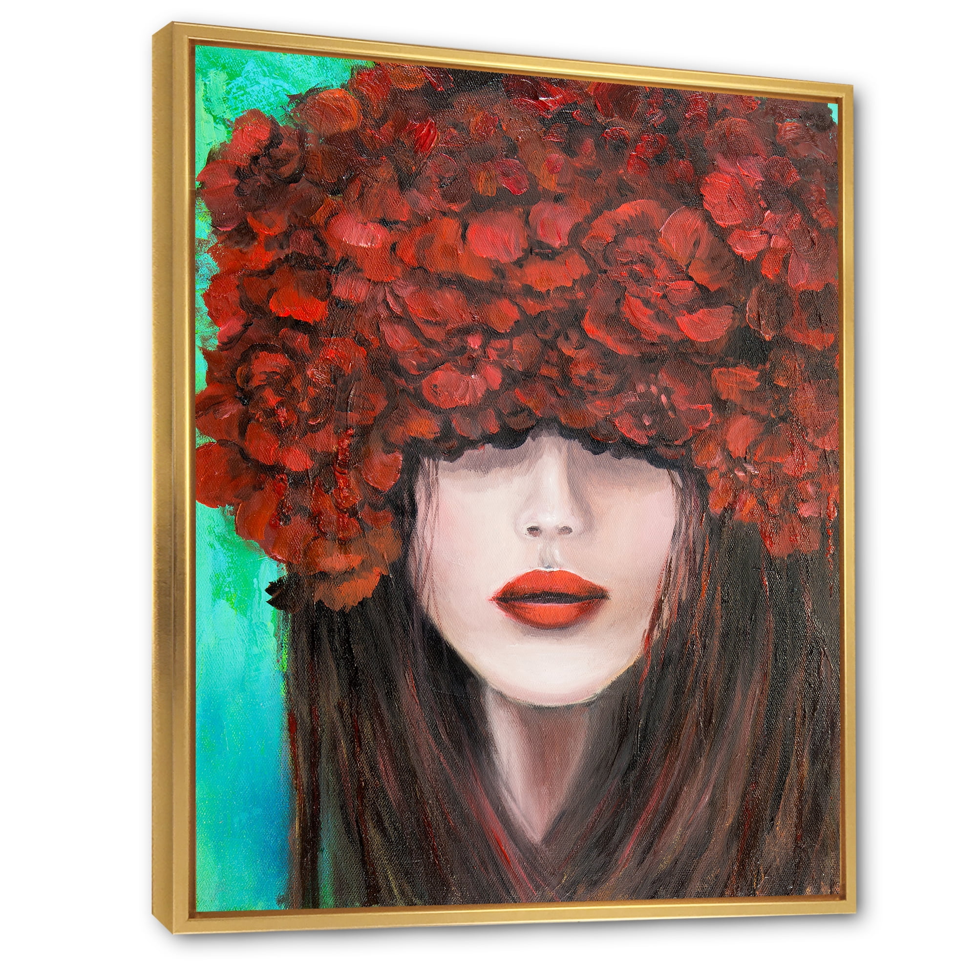 Portrait Of A Young Lady With Red Flowers 24 in x 32 in Framed Painting Canvas Art Print, by Designart