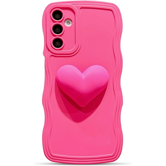for Samsung Galaxy S24 FE Case 6.7", Cute Kawaii 3D Love Heart Solid Color Curly Wave Frame Camera Lens Cover Shockproof Soft Silicone S24 FE Phone Case for Women (Hot Pink)