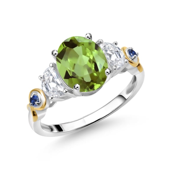 Gem Stone King 925 Silver and 10K Yellow Gold 3-Stone Ring Oval Green Peridot and Moissanite (2.60 Cttw, Size 9)