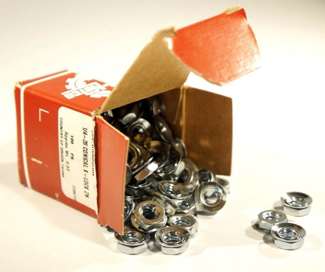 Conical Washer Lock Nut, 1/4"-20, Steel, Not Graded, Zinc Plated, 13/64 in Ht, 100 PK