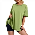 thumbnail image 2 of Camiseta Holgada de Algodón de Color Liso con Cuello Redondo y Aberturas Laterales, Color Verde L, 2 of 6