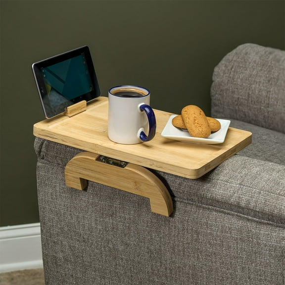 Support Plus Couch Arm Table Tray - Bamboo Sofa Arm Tray Table, Clip On Couch Armrest Side Table with Rotating Tablet/Phone Rest, Recliner Table Snack Tray
