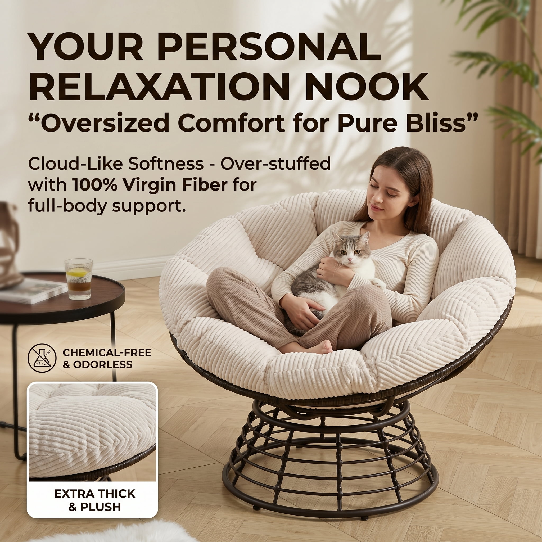360° Swivel Wicker Papasan Chair with Ergonomic Over-Stuffed Cushion, Modern Rattan Saucer Chair for Living Room & Bedroom