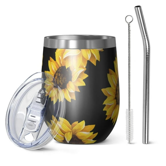 12oz Stemless Wine Tumblers Black Sunflower Vacuum Insulated Stainless Steel Travel Tumbler Cups Mug with Lid and Straw for Champaign,Cocktail,Beer with Cleaning Brush