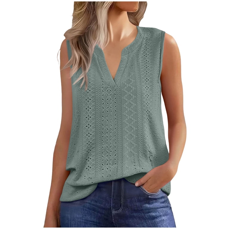 THDHVS Sleeveless Tops for Women,Women Eyelet Detail V Neck