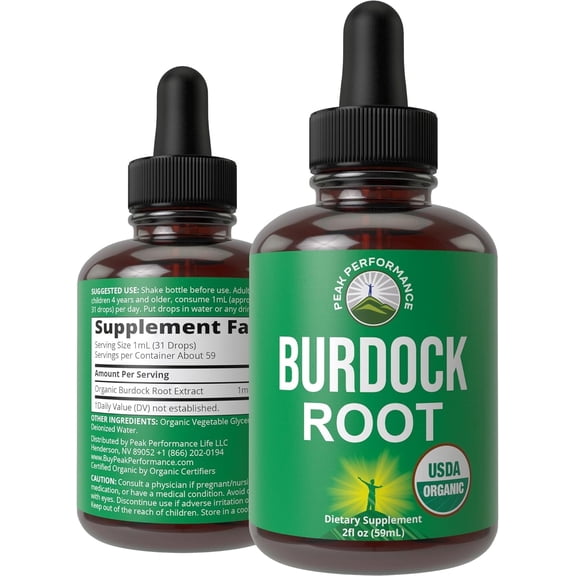 Peak Performance USDA Organic Burdock Root Liquid Drops Supplement. Vegan Extract Tincture for Women and Men. Organic Burdock Root Oil Herb. Zero Sugar, Gluten Free Supplements