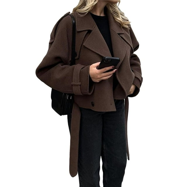 Abrigo de Lana Cruzado para Mujer, Chaqueta Corta con Mangas Raglán, para Oficina, con Bolsillos. Marrón Oscuro S