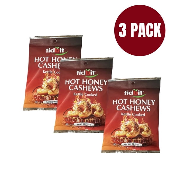 Tidbit Hot Honey Cashews Kettle Cooked Snacks, 2 oz Bag (Pack of 3) - Sweet & Spicy Roasted Cashew Nuts, Crunchy Gourmet Nut Protein Snack, Individually Wrapped