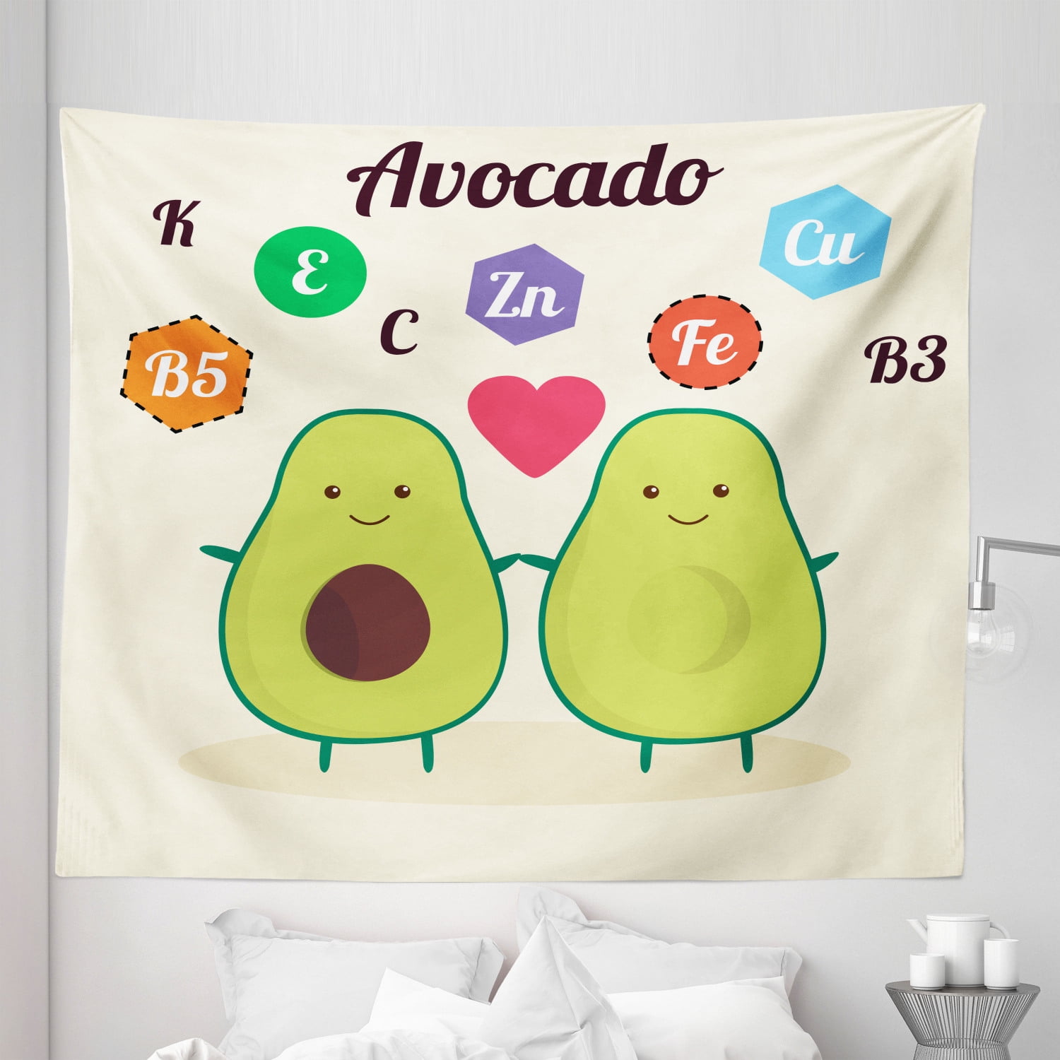 Avocado Tapestry, Illustration with Funny Characters and Healthy Food