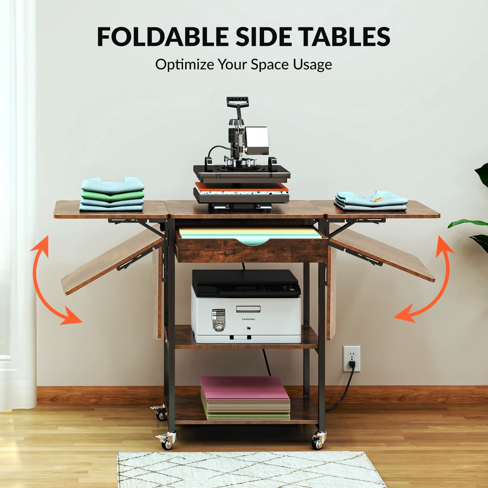 TC-HOMENY Foldable Heat Press Machine Stand w/ Charging Station, Mobile Heat Printer Cart w/ 3-Tier Storage & Drawer, Movable Heat Transfer Machine Workbench, Wooden