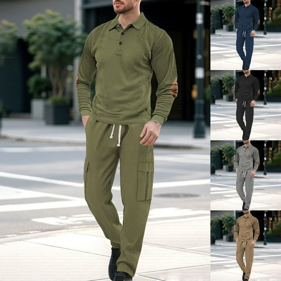 Mens Track Suits 2 Piece Long Sleeve Sets Loose Fit Workwear Outfit 1/4 Button V Neck Pullover and Cargo Wide Leg Pants Outdoor Athletic Outfits (Black, L)
