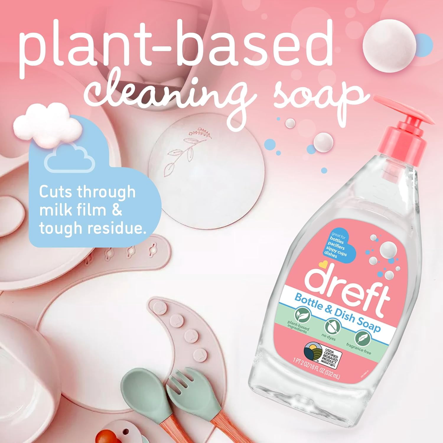 Bottle and Dish Soap | Made to Clean Baby Bottles, Sippy Cups, Pacifiers, Breast Pumps, & More | Gently Removes Milk Film & Odors | Plant Based, Fragrance Free Dish Soap | 18 Fl Oz (Pack of 3)