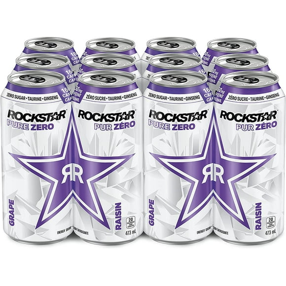 Rockstar Energy Drink Pure Zero Grape, 473 mL Cans, 12 Pack