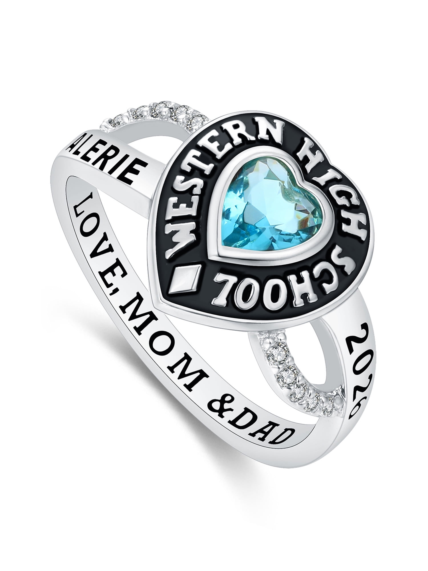 Mementos USA Custom Class Rings Sterling Silver for Women High School College-Platinum-Heartstone