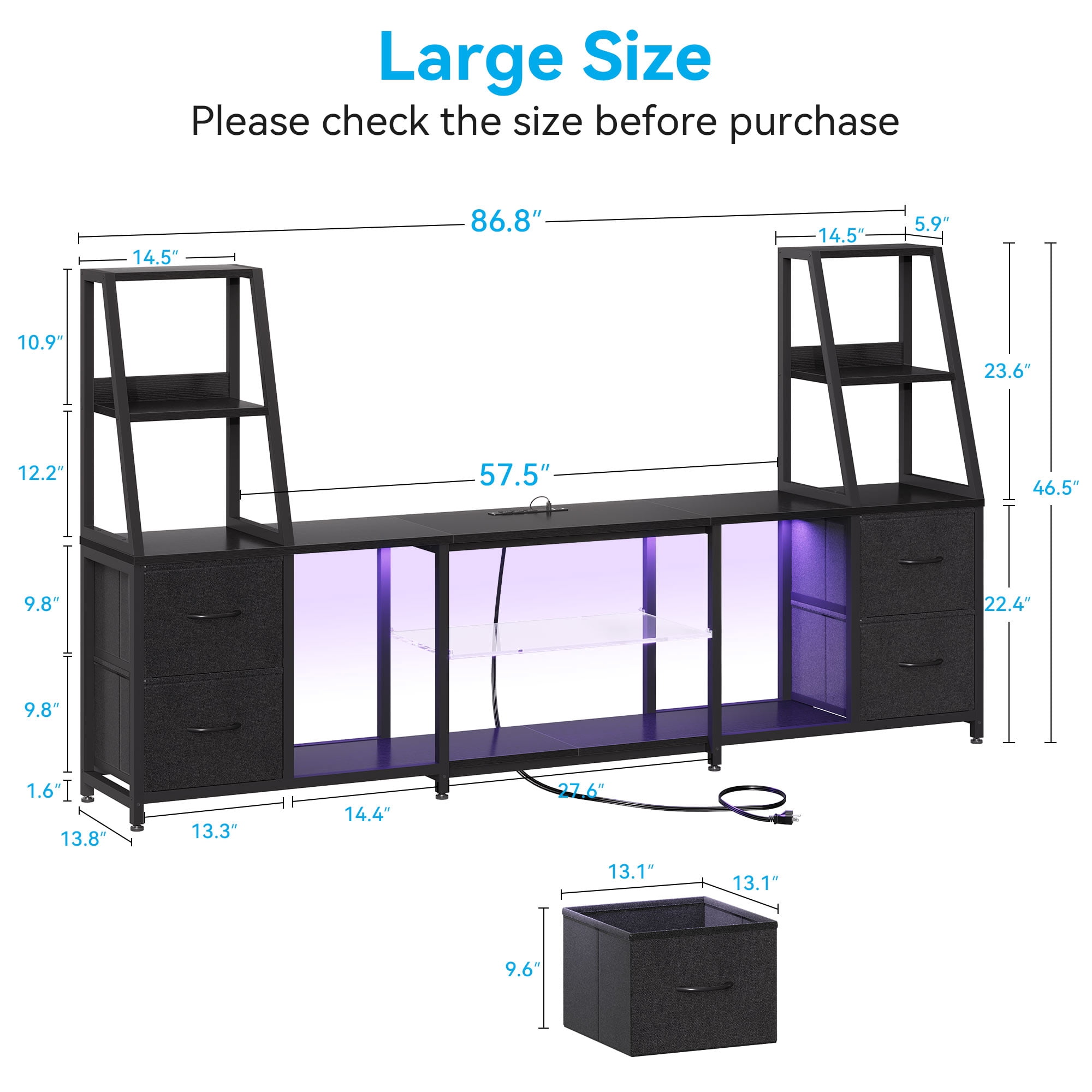 Casacomoda TV Stand for up to 65 Inch TV, 87" Entertainment Center with Power Outlets & LED Lights, Modern Media Console with Glass Shelf & 4 Fabric Drawers for Living Room Bedroom, Black