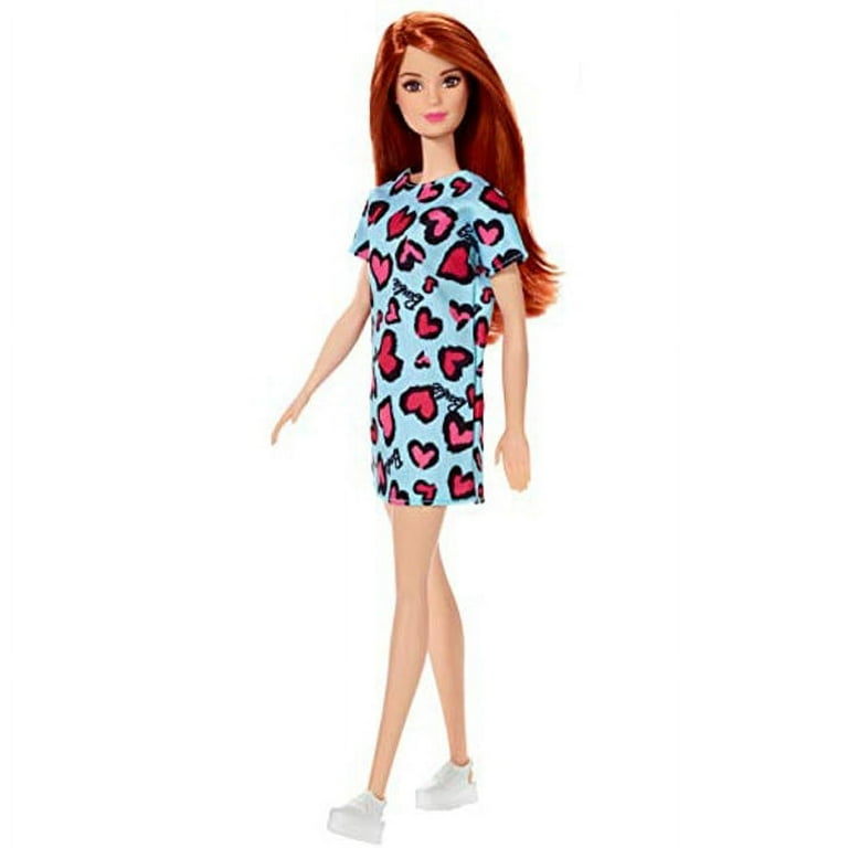 Barbie Doll Red Hair Wearing Yellow and Purple Heart Print Dress