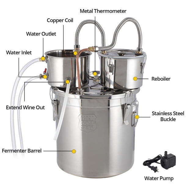 Alambique destilador de alcohol 13 galones - Acero inoxidable, tubo de cobre, termómetro integrado, bomba de agua, triple barril - Para elaboración casera de licores y cerveza