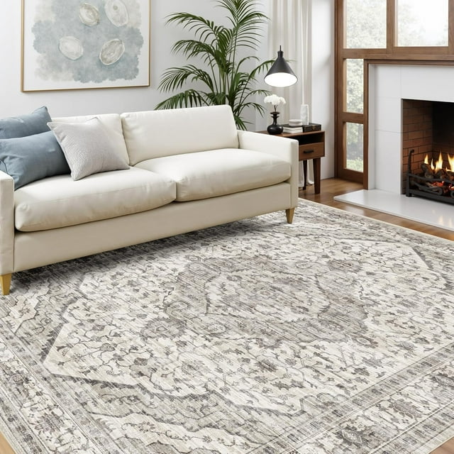 Boho Vintage Round Rug ft- Faux Wool Dreely Washable Area Rug Small Distressed Throw Rugs Floor Carpet for Door Mat Entryway Bedrooms Laundry (Round - ; Diameter Border )